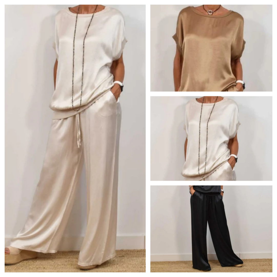 Nadine - Conjunto con top de satén y pantalones de pierna ancha