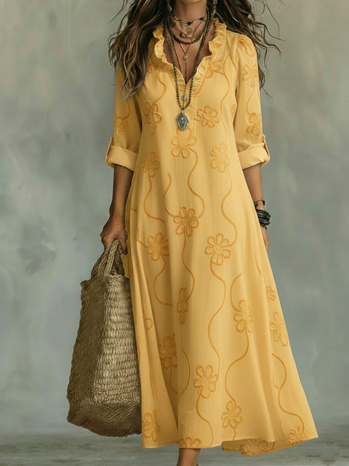Kallie - Vestido maxi casual bordado con escote en V