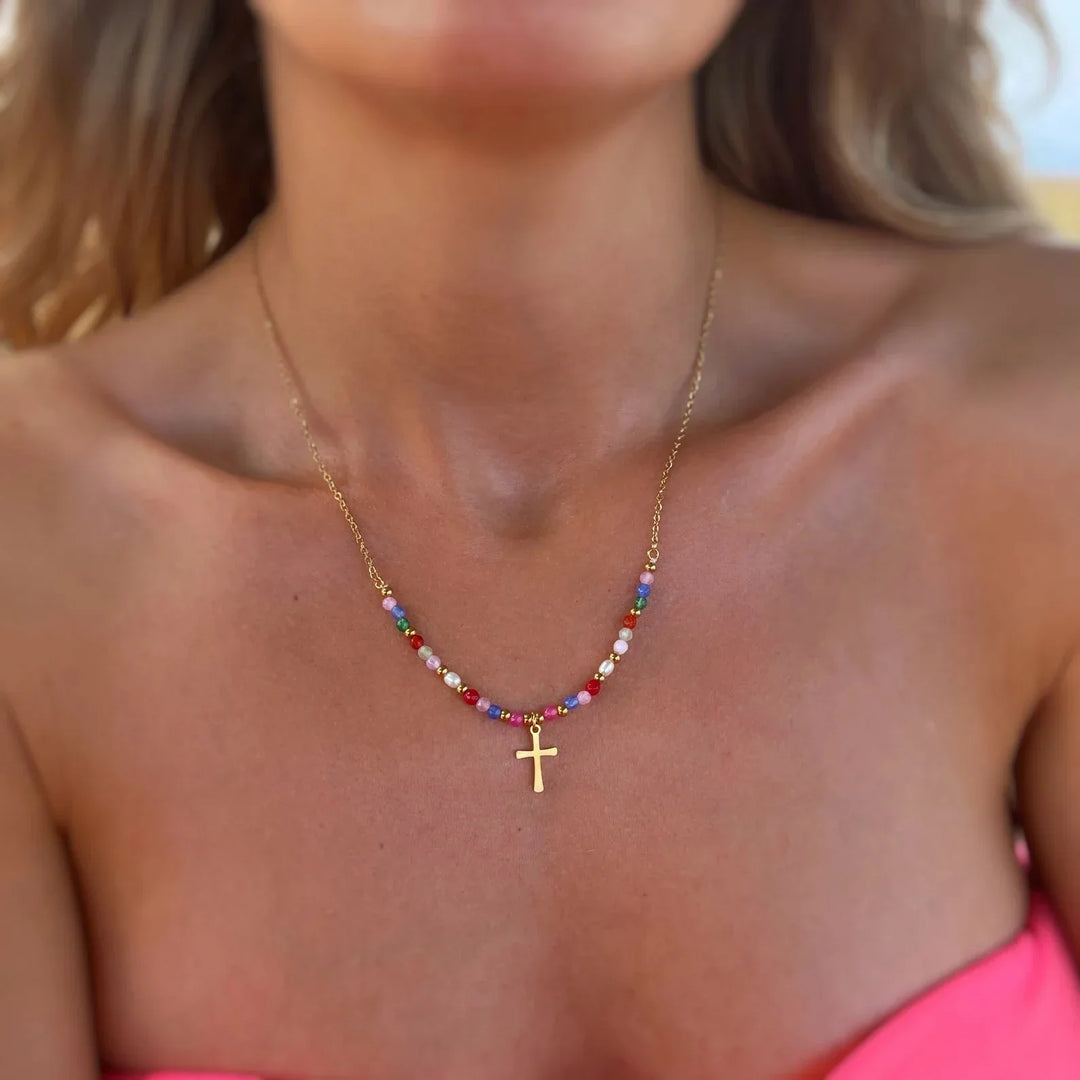 Cymone - Collar de Cruz con Cuentas de Fe