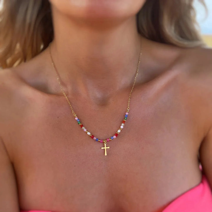 Cymone - Collar de Cruz con Cuentas de Fe