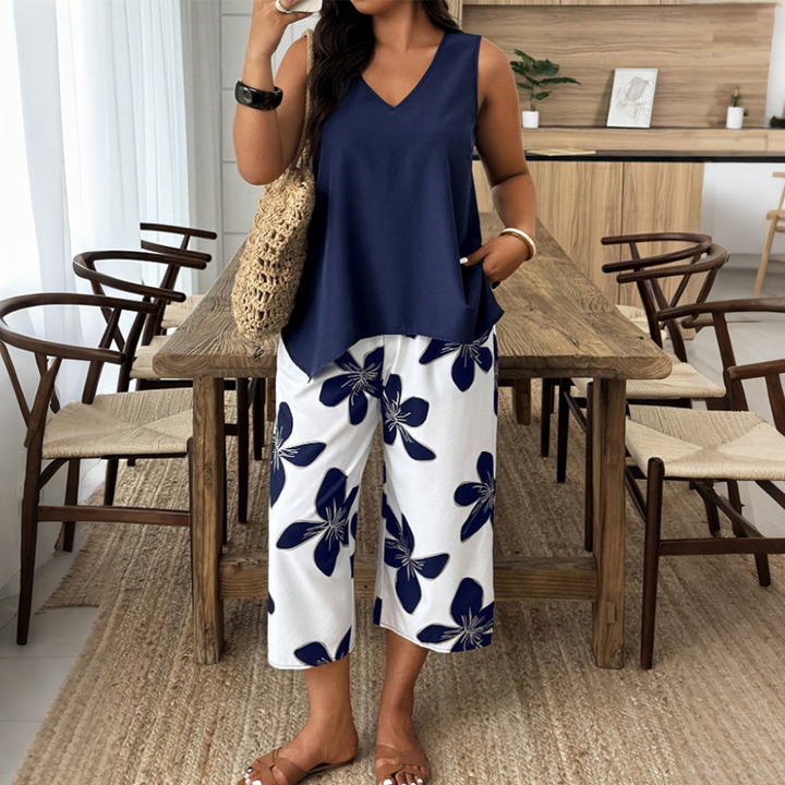 Marissa - Top asimétrico suave al tacto y conjunto con pantalones capri florales