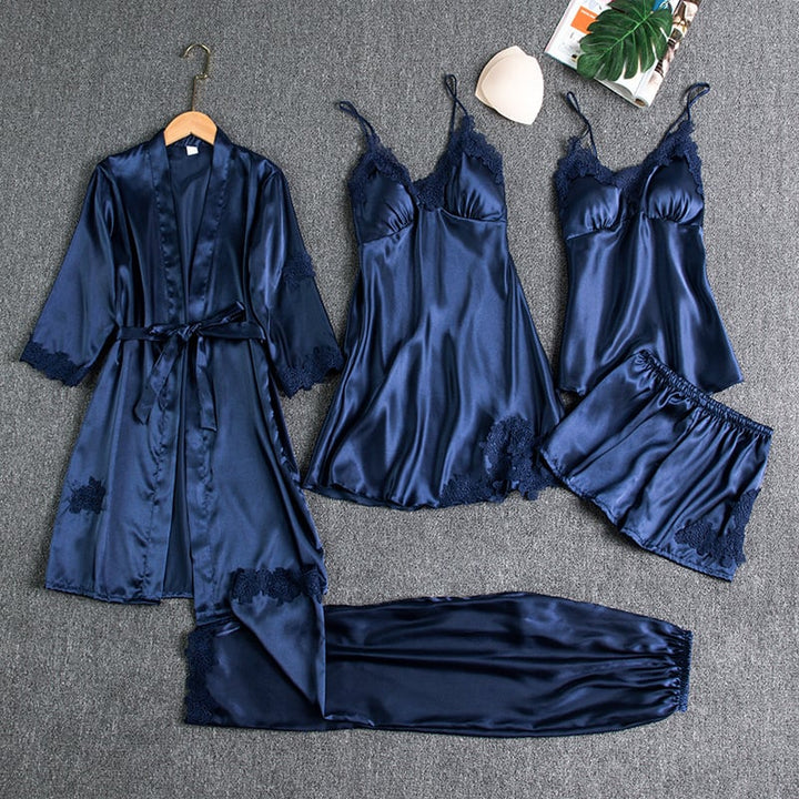 Emirae - Conjunto de pijama de seda fría de cinco piezas