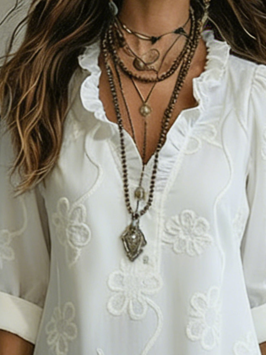 Kallie - Vestido maxi casual bordado con escote en V