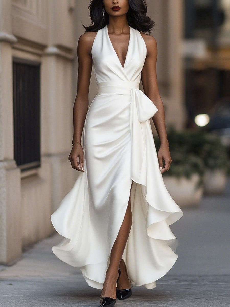 Palmer - Vestido maxi cruzado con escote halter de lujo