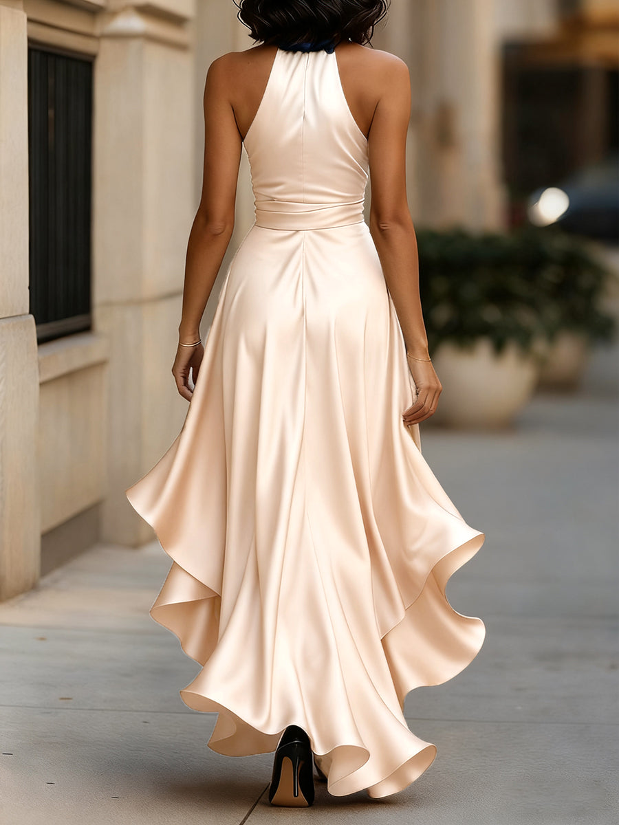 Palmer - Vestido maxi cruzado con escote halter de lujo
