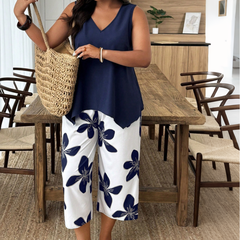 Marissa - Top asimétrico suave al tacto y conjunto con pantalones capri florales