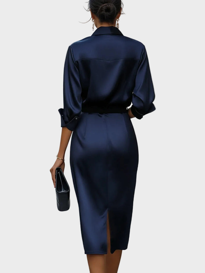 Sophia - Vestido midi con escote drapeado brillante
