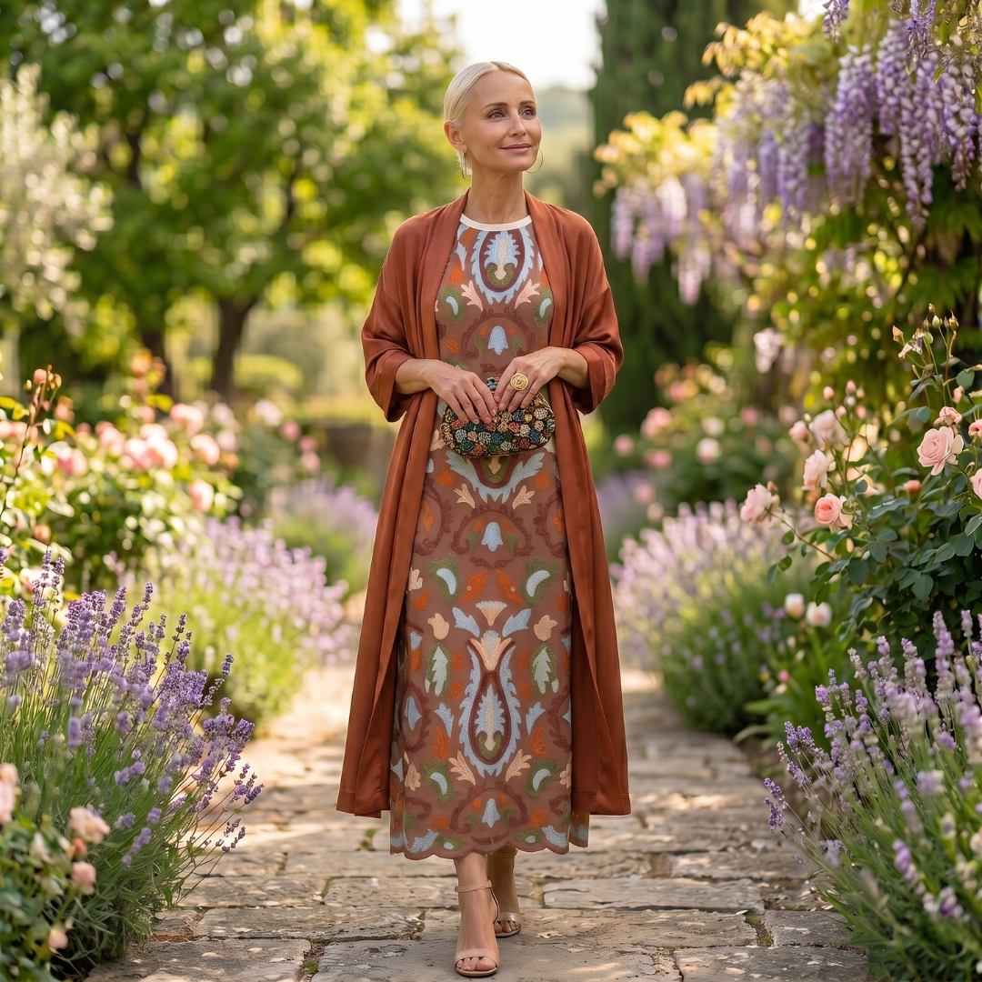 Lilith - Conjunto de vestido midi estampado y cárdigan largo