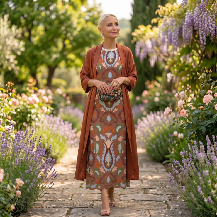 Lilith - Conjunto de vestido midi estampado y cárdigan largo