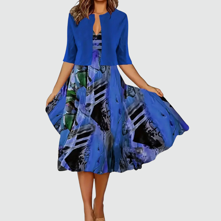 Phaeline - Conjunto de vestido midi estampado y cárdigan