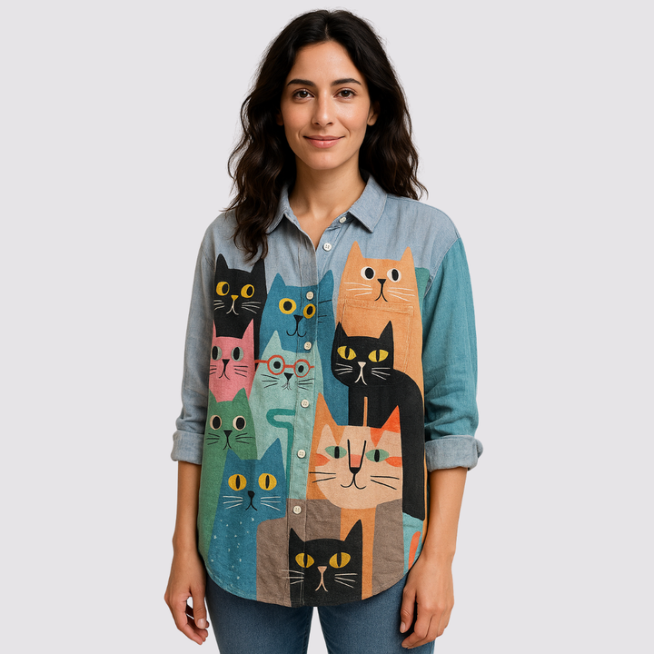 Ravea - Camisa suave al tacto con estampado de gato