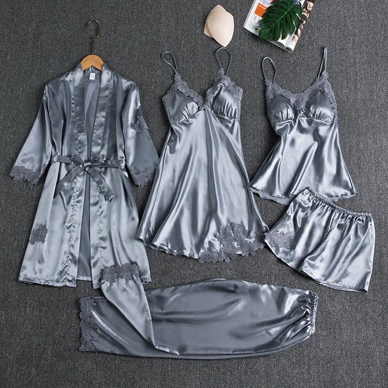 Emirae - Conjunto de pijama de seda fría de cinco piezas