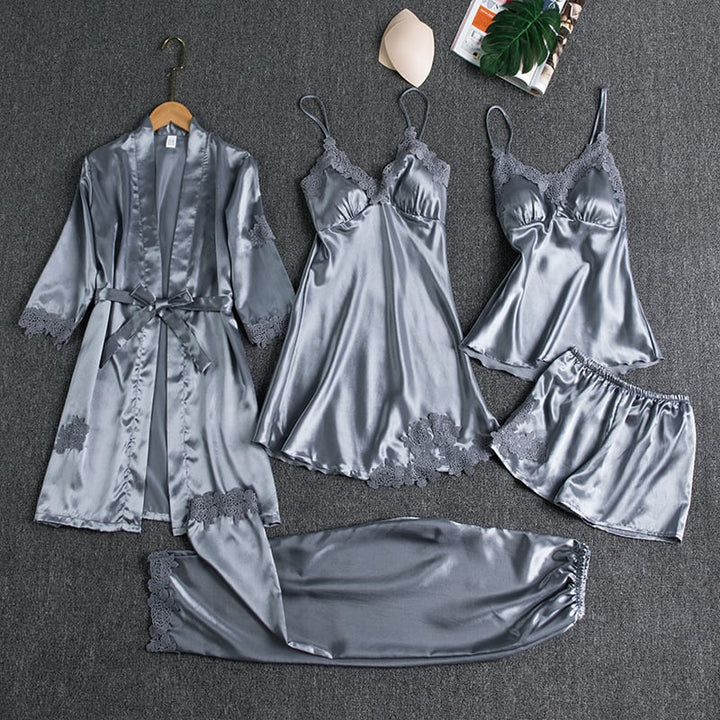 Emirae - Conjunto de pijama de seda fría de cinco piezas
