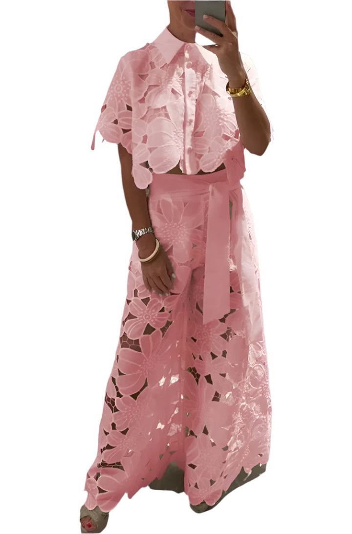 Celessia - Conjunto de blusa de encaje floral y pantalón de pierna ancha