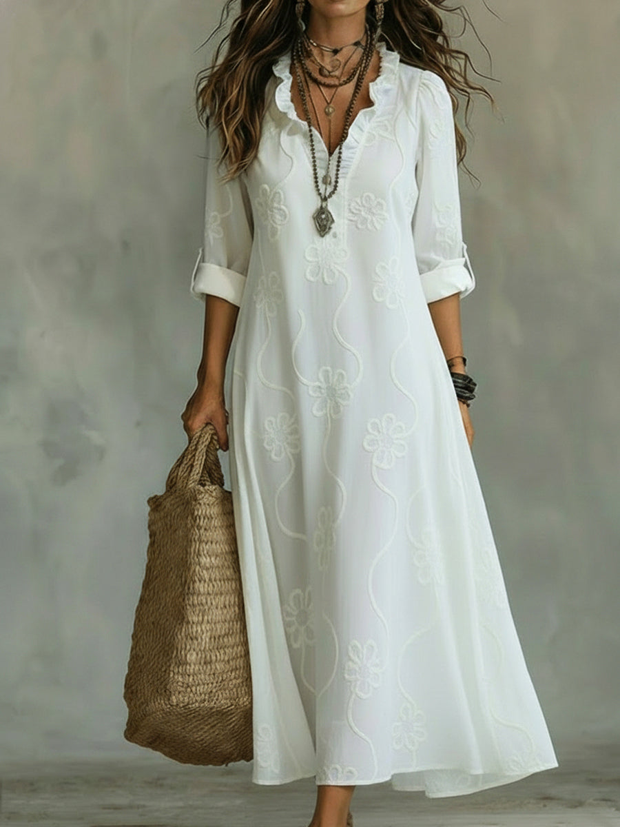 Kallie - Vestido maxi casual bordado con escote en V