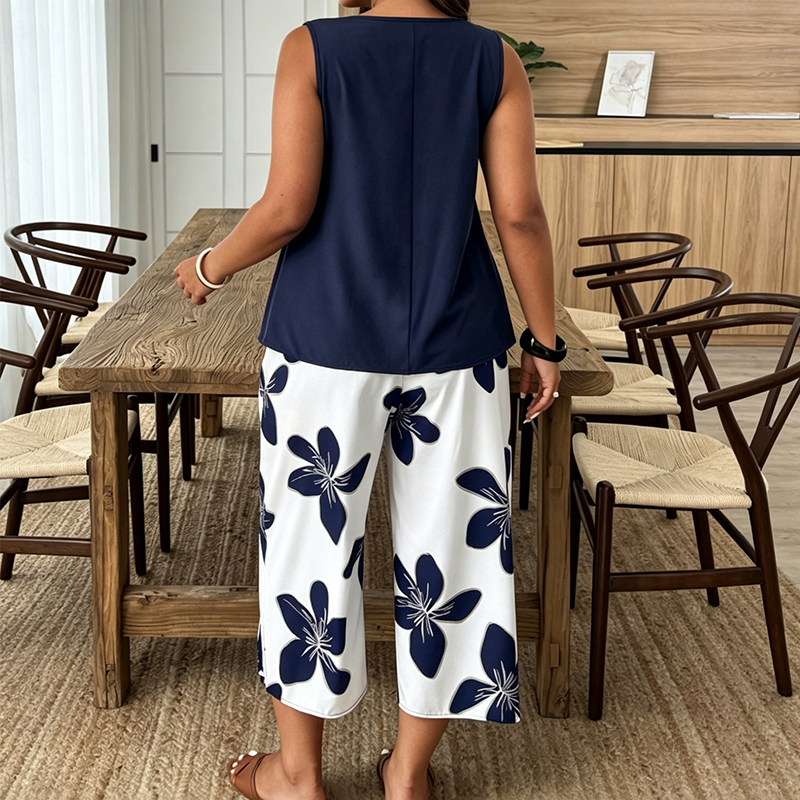 Marissa - Top asimétrico suave al tacto y conjunto con pantalones capri florales