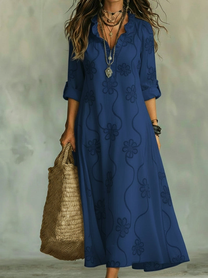 Kallie - Vestido maxi casual bordado con escote en V