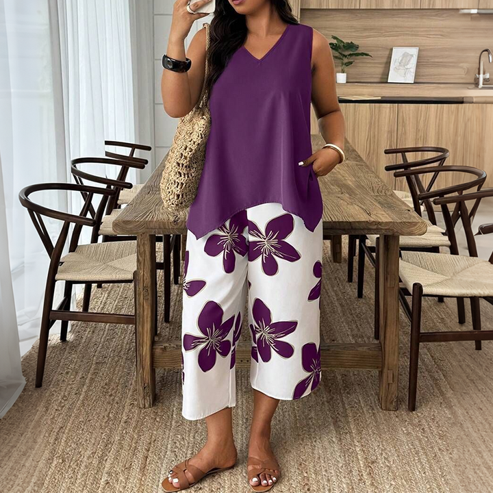 Marissa - Top asimétrico suave al tacto y conjunto con pantalones capri florales