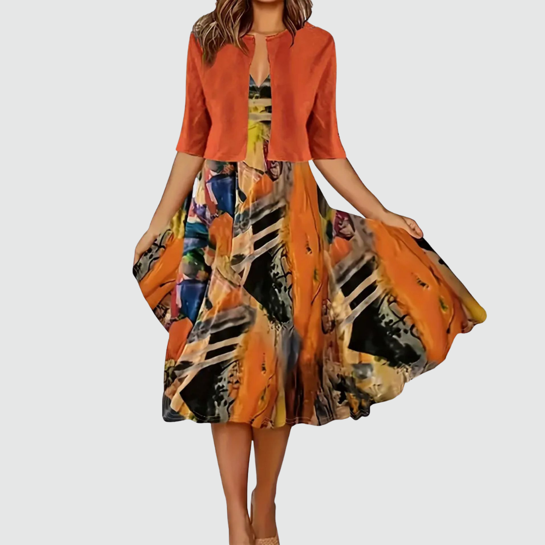 Phaeline - Conjunto de vestido midi estampado y cárdigan