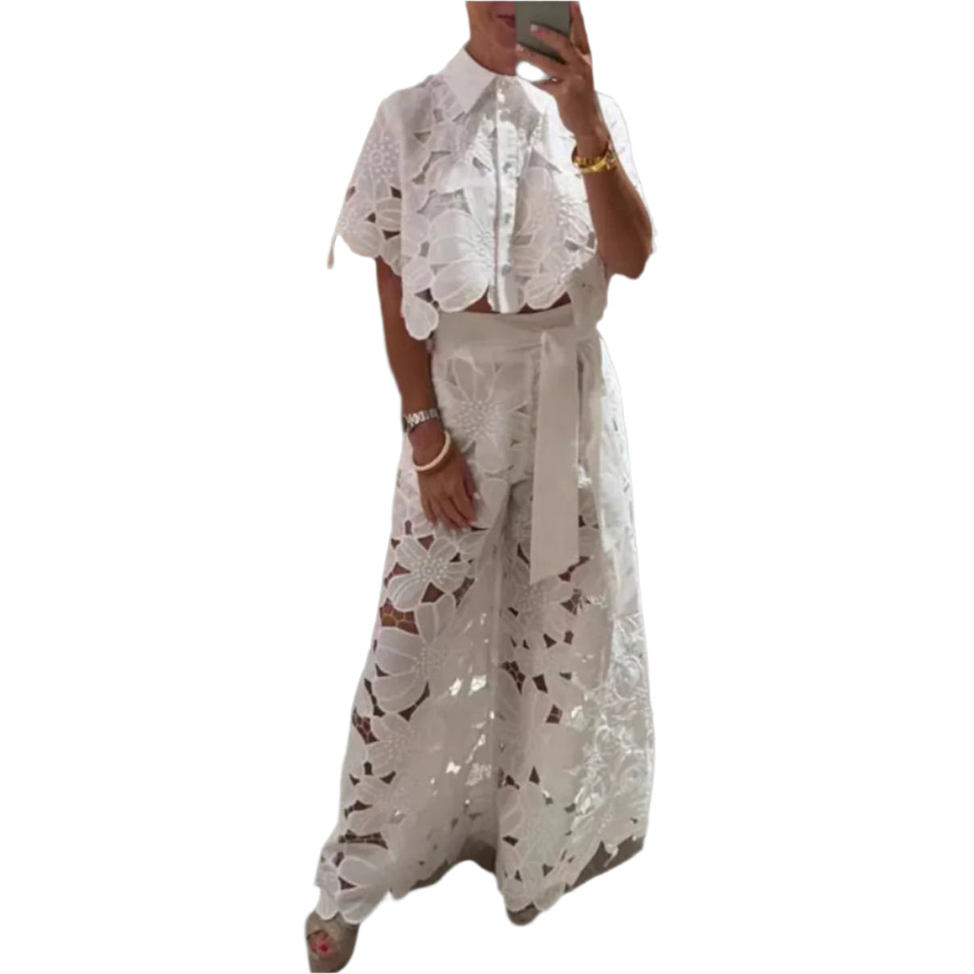 Celessia - Conjunto de blusa de encaje floral y pantalón de pierna ancha