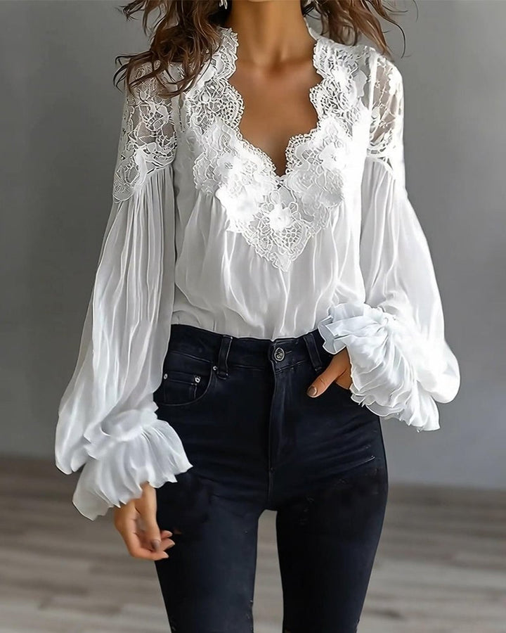 Celinrae - Blusa de encaje de manga larga con escote en V