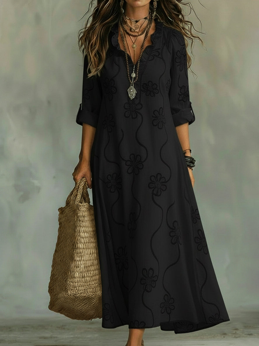 Kallie - Vestido maxi casual bordado con escote en V