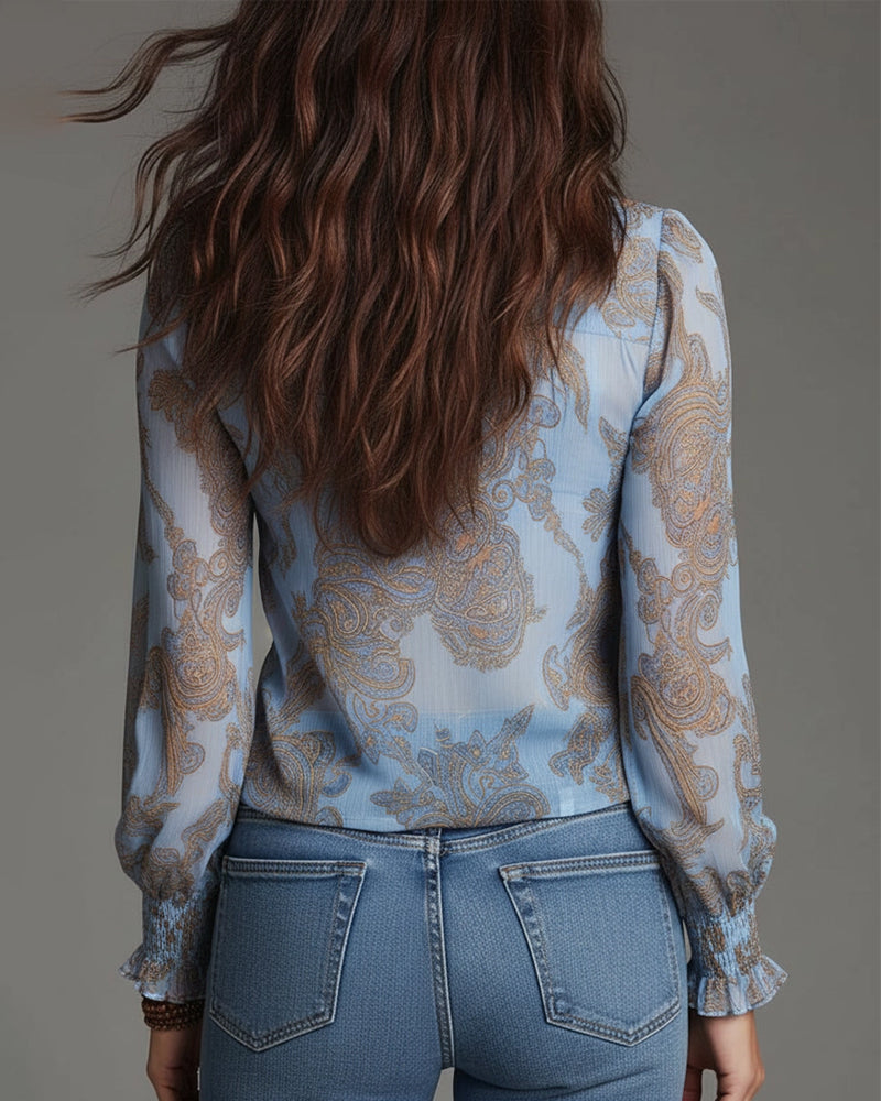 Norayi - Blusa con mangas con olanes y escote en V de tacto suave