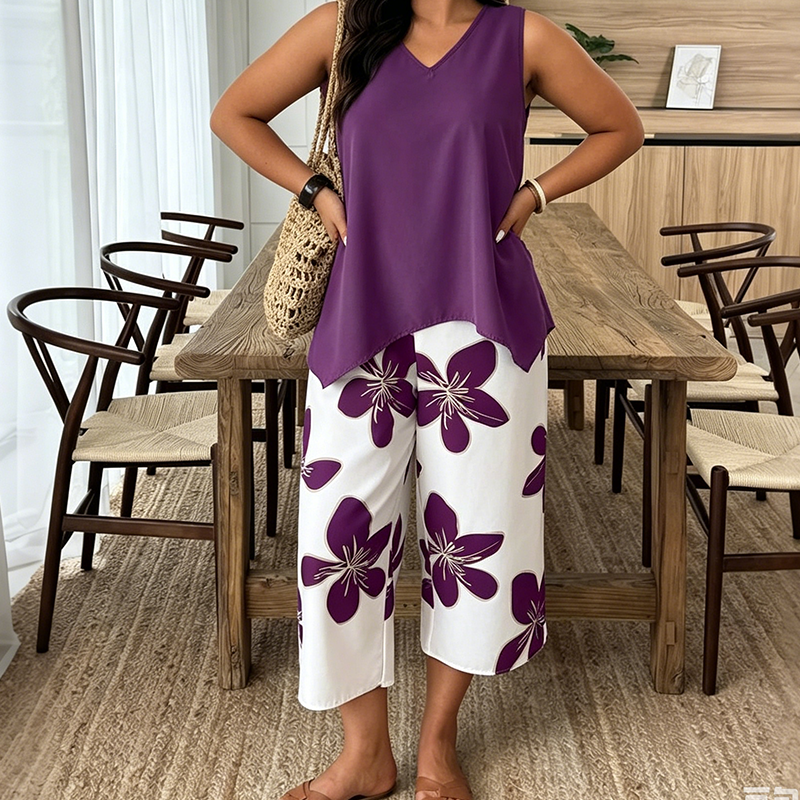 Marissa - Top asimétrico suave al tacto y conjunto con pantalones capri florales
