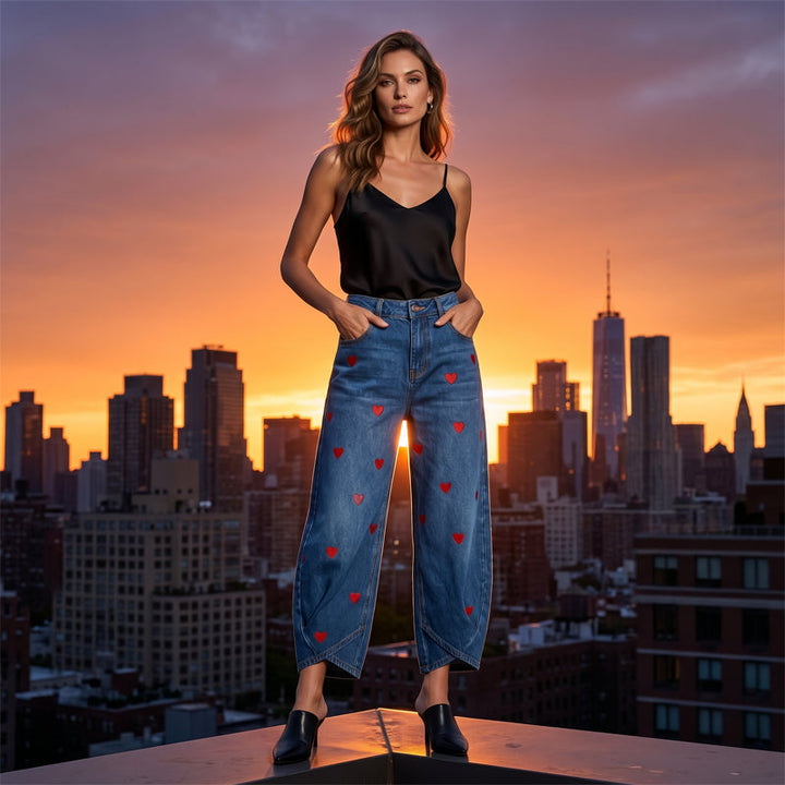 Arabella - Jeans de pernera globo con estampado de corazones