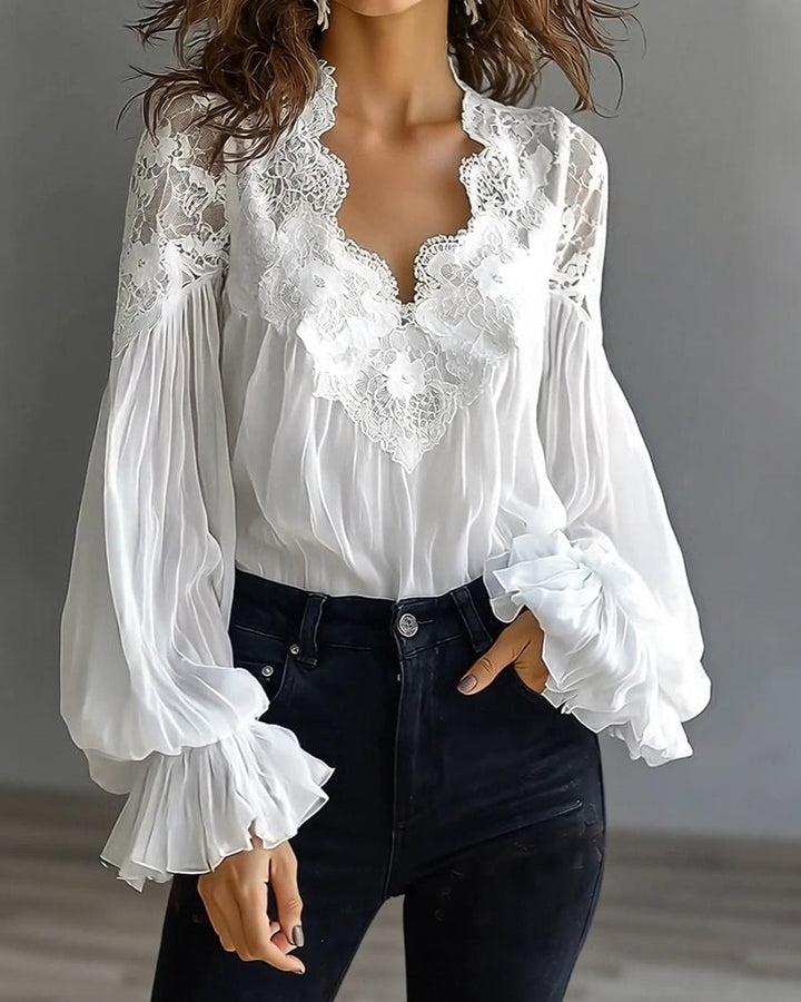 Celinrae - Blusa de encaje de manga larga con escote en V