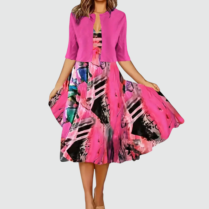 Phaeline - Conjunto de vestido midi estampado y cárdigan