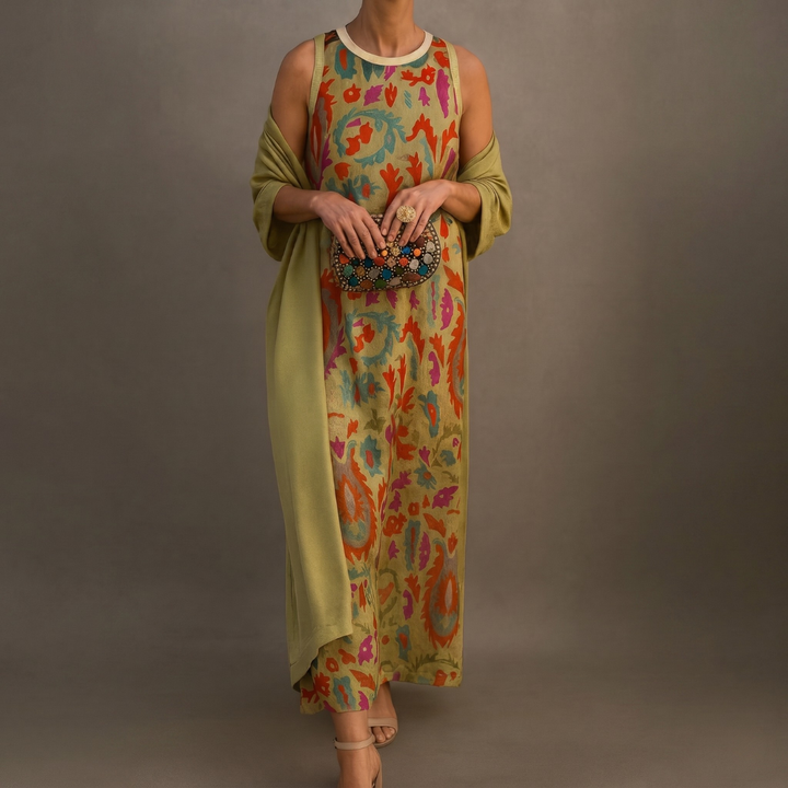 Lilith - Conjunto de vestido midi estampado y cárdigan largo