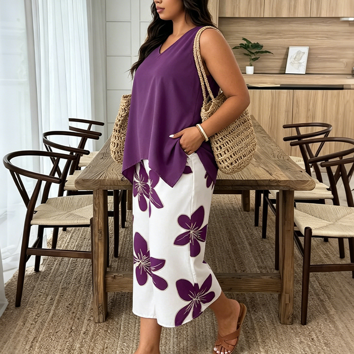 Marissa - Top asimétrico suave al tacto y conjunto con pantalones capri florales