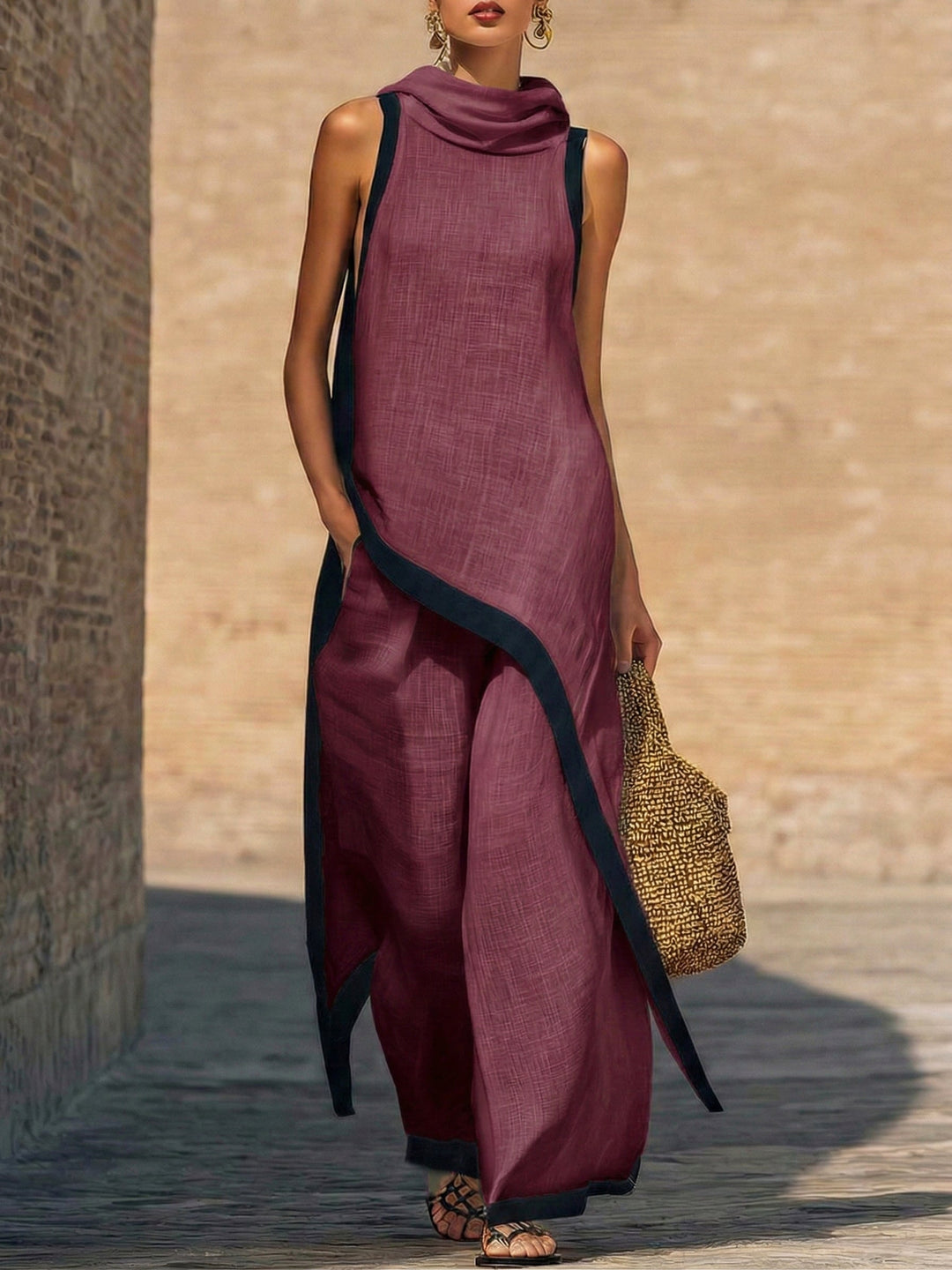 Maranta - Conjunto de túnica asimétrica y pantalón de pierna ancha