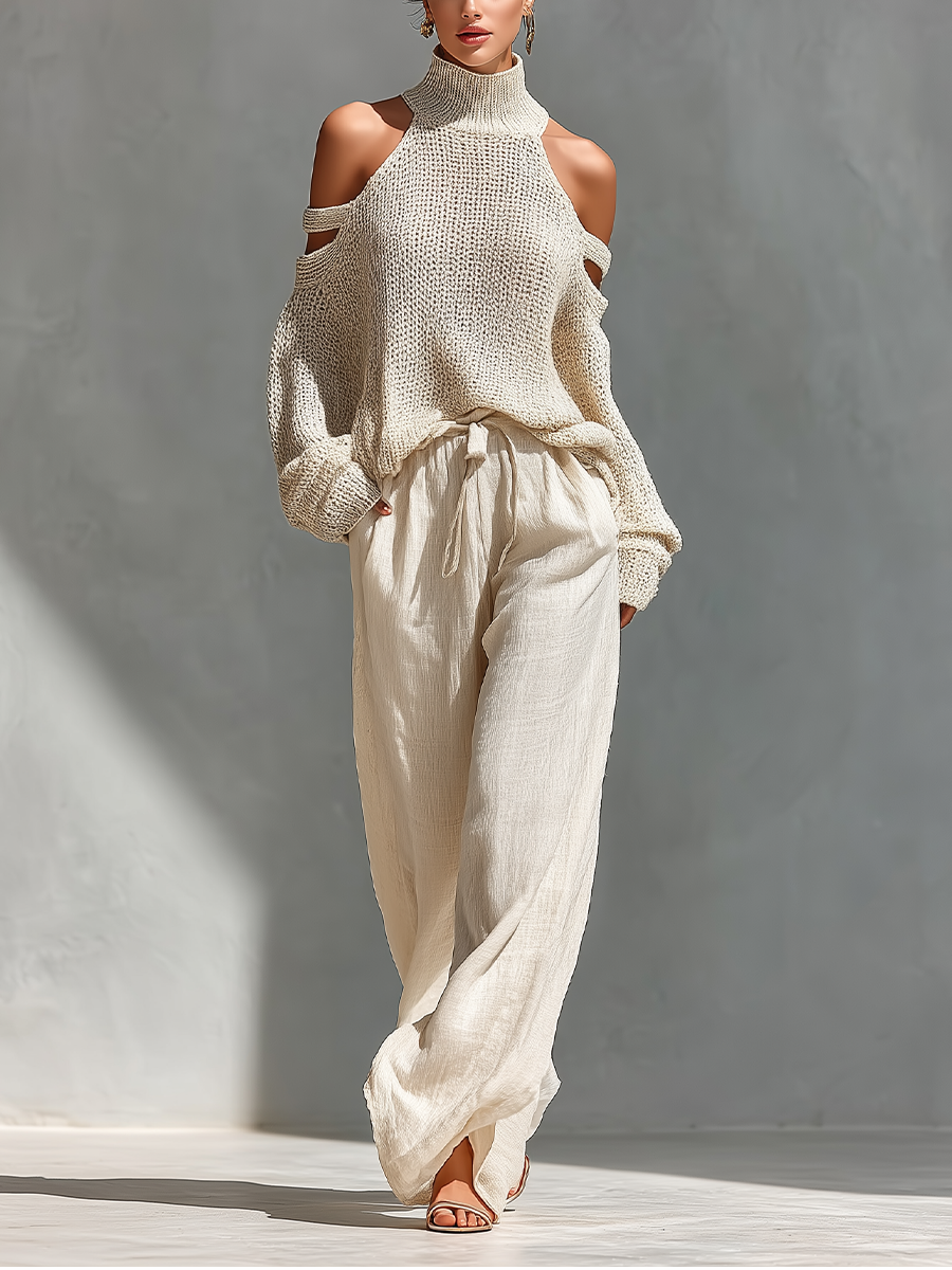 Diorelle - Conjunto con top tejido y pantalón de pierna ancha