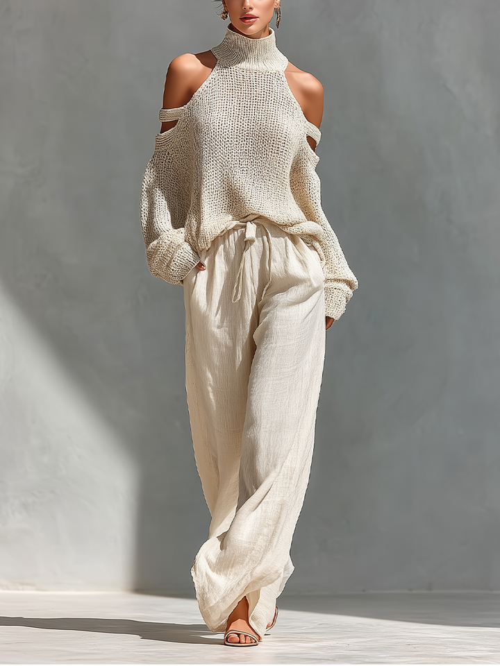 Diorelle - Conjunto con top tejido y pantalón de pierna ancha