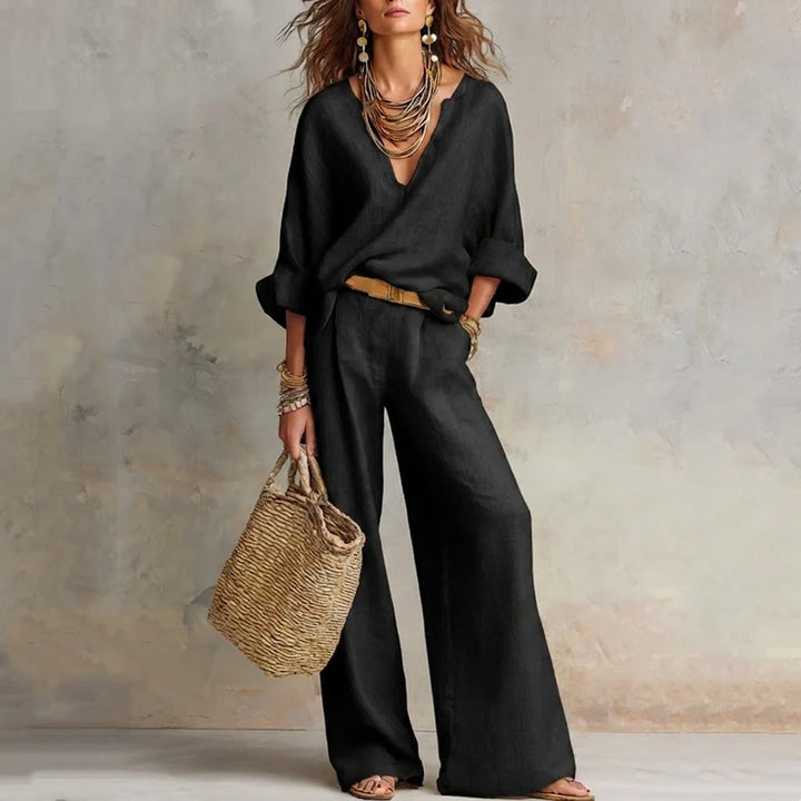 Zelora - Conjunto con top ligero de escote en V y pantalón de pierna ancha