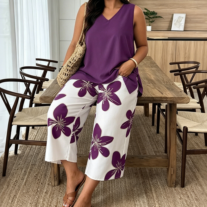 Marissa - Top asimétrico suave al tacto y conjunto con pantalones capri florales