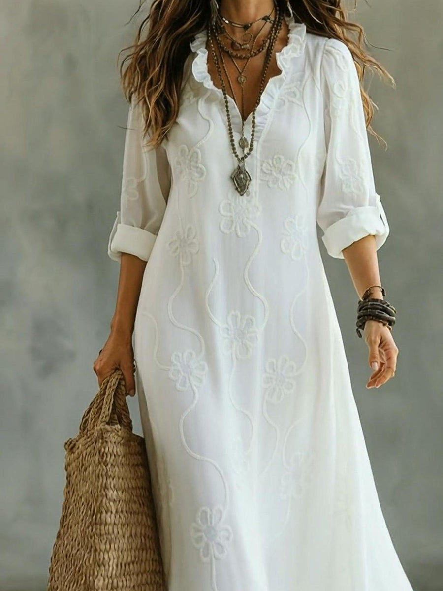 Kallie - Vestido maxi casual bordado con escote en V