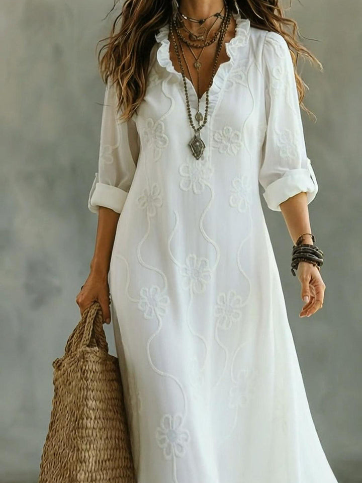 Kallie - Vestido maxi casual bordado con escote en V