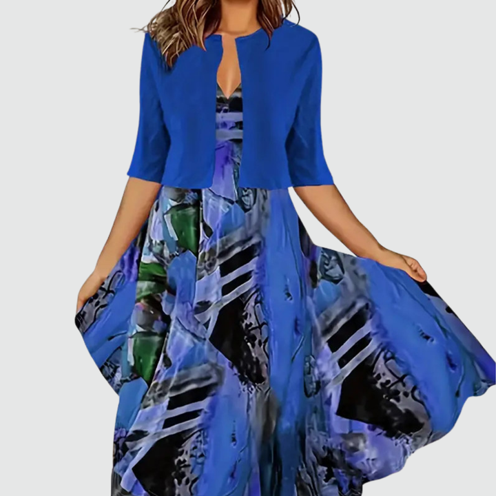 Phaeline - Conjunto de vestido midi estampado y cárdigan