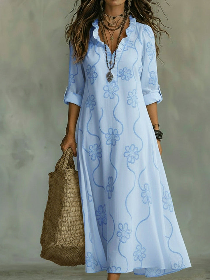 Kallie - Vestido maxi casual bordado con escote en V