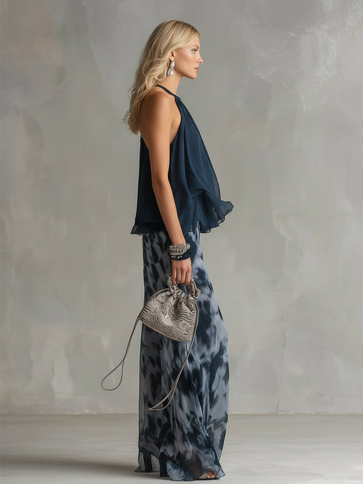 Norelda - Conjunto elegante de top de cuello alto y pantalón de pierna ancha