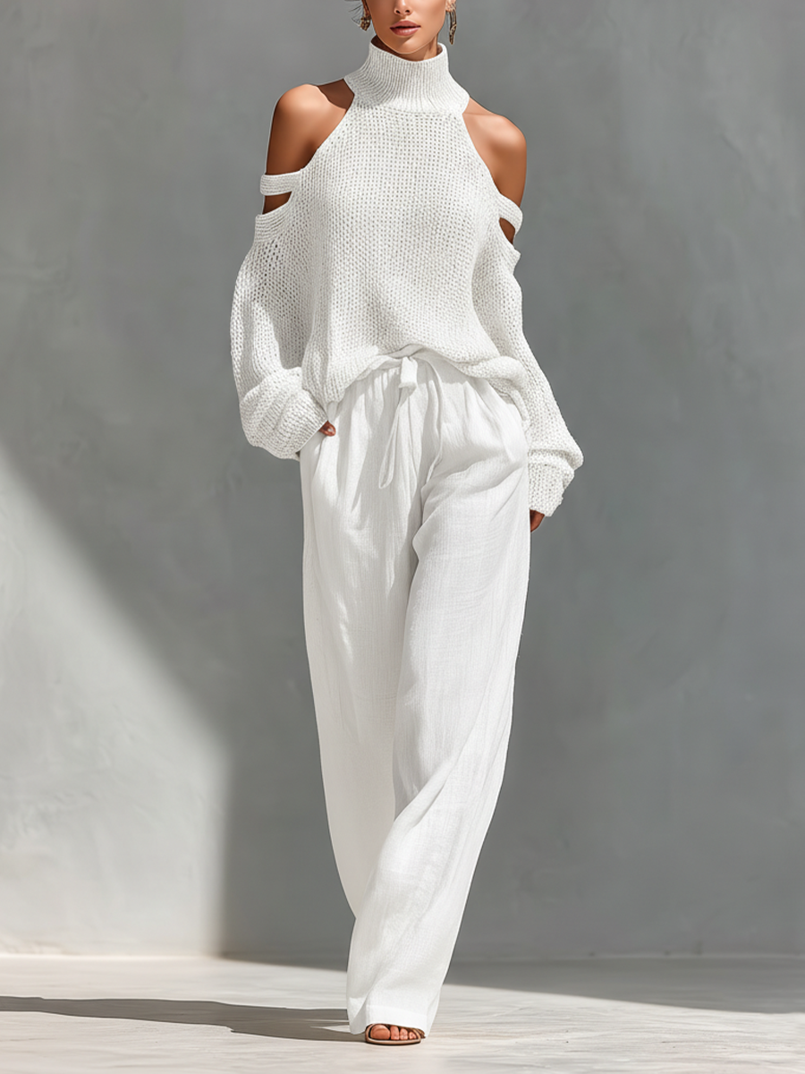 Diorelle - Conjunto con top tejido y pantalón de pierna ancha