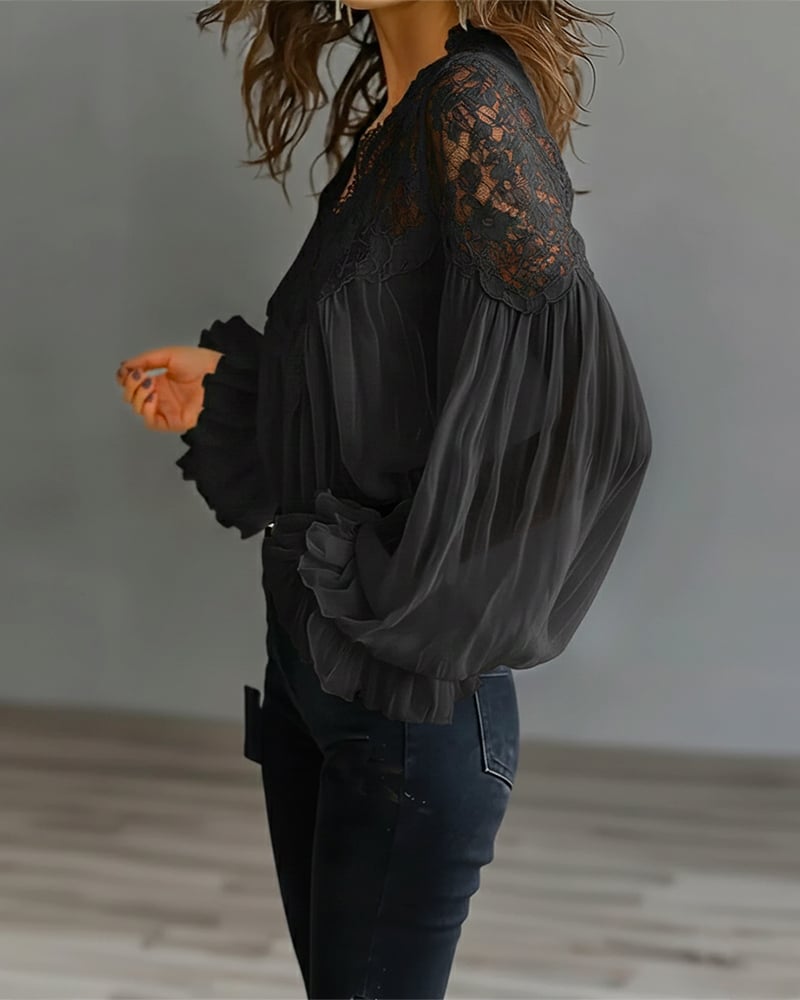 Celinrae - Blusa de encaje de manga larga con escote en V