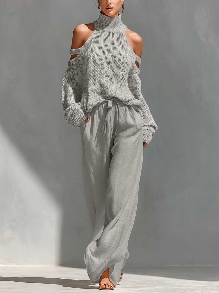 Diorelle - Conjunto con top tejido y pantalón de pierna ancha