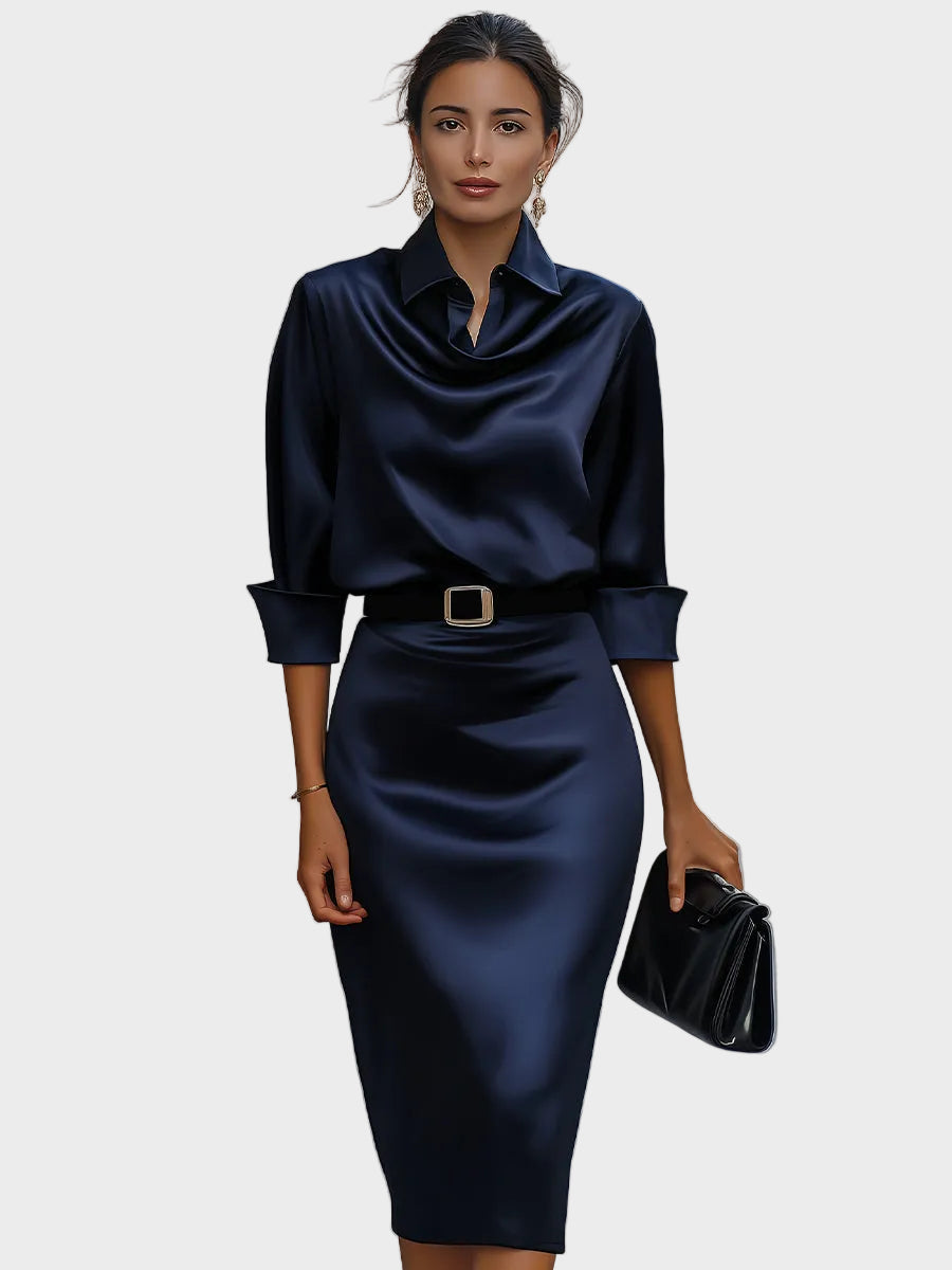 Sophia - Vestido midi con escote drapeado brillante