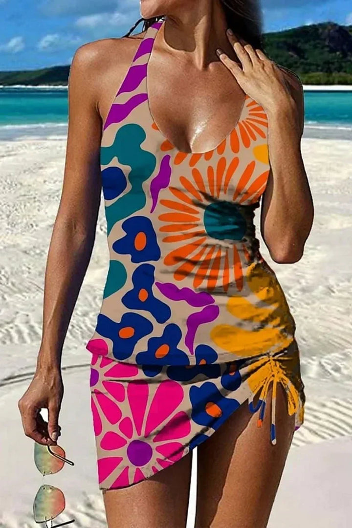 Ysoria - Conjunto de traje de baño con cuello halter estampado