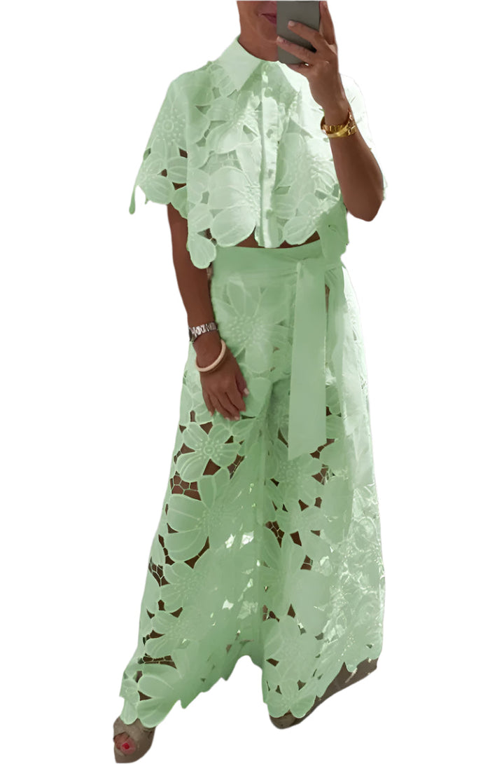 Celessia - Conjunto de blusa de encaje floral y pantalón de pierna ancha