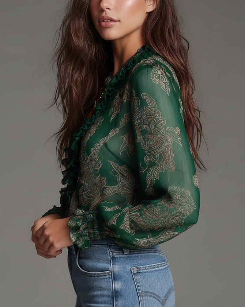 Norayi - Blusa con mangas con olanes y escote en V de tacto suave